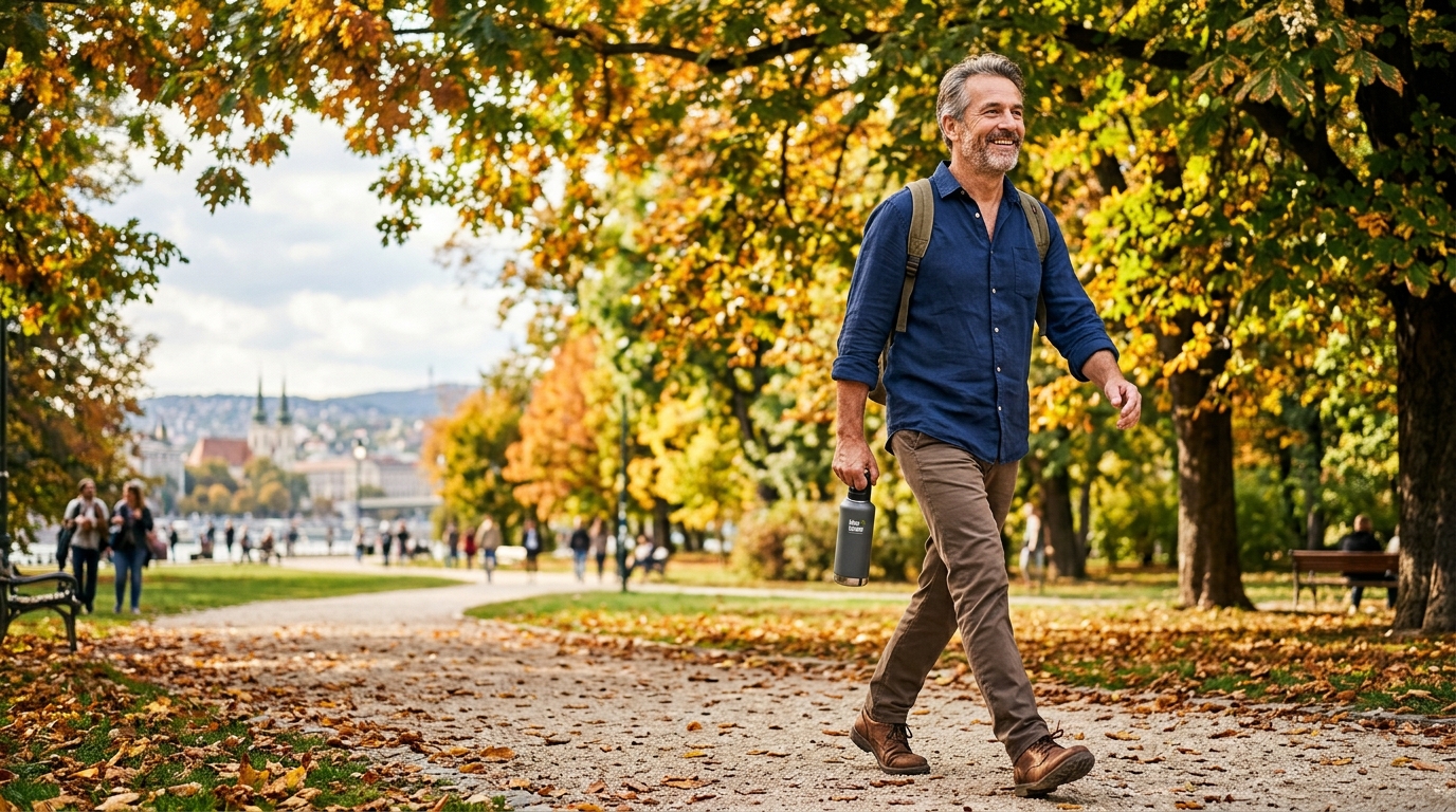 Férfi sétál egy zöld budapesti parkban, kezében újrahasználható kulacs, őszi napfényben
